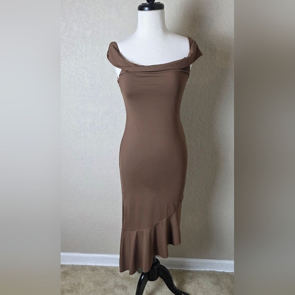 Fenity Off Shoulder Bodycon Dress Brown Size S